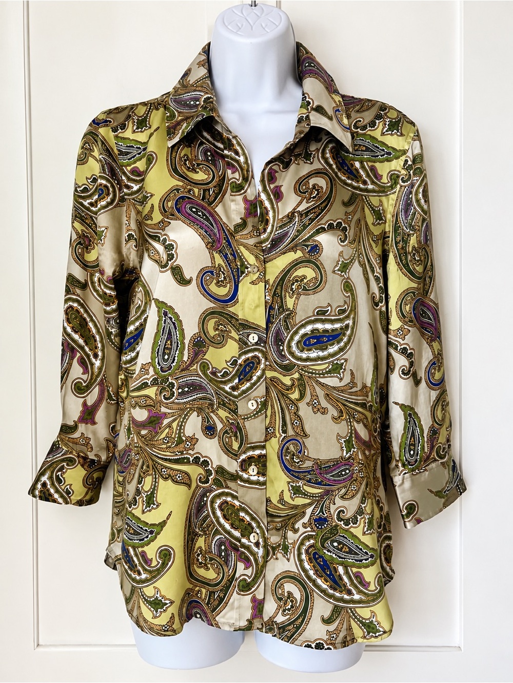 LβAGENCE 100% Silk Paisley Blouse S Green Ivory Multicolor Button Down Luxury